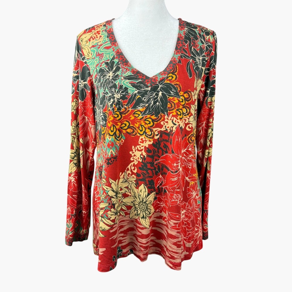 Johnny Was Los Angeles Womens Top M Red Floral Patchwork V-Neck Long Sleeve Boho